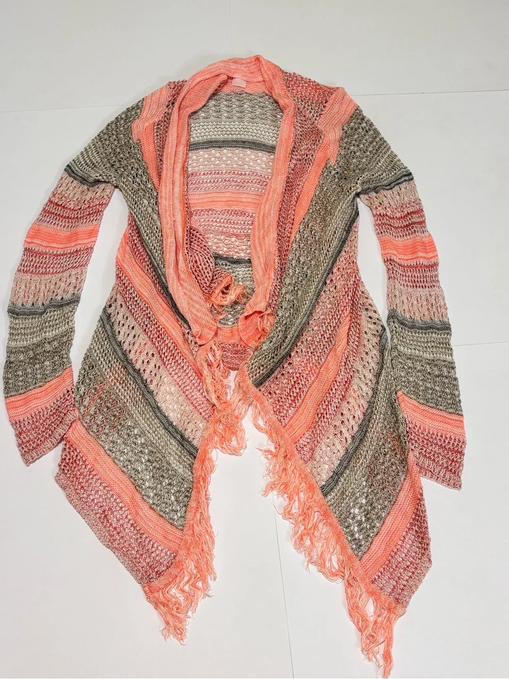 Maurices Women’s Striped Open-Front Fringe Cardigan Sweater - Coral & Tan